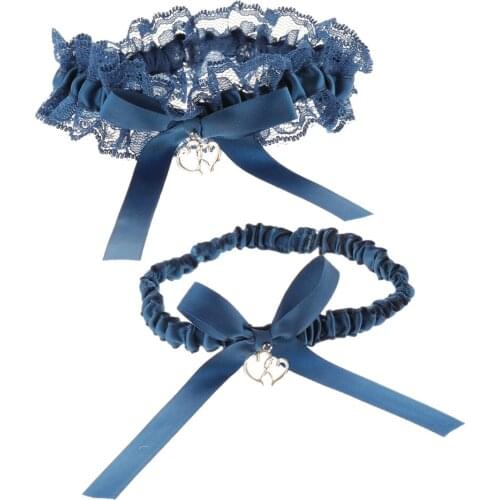 2pcs Wedding Bridal Bowknot Heart Lace Garter Throwaway Toss Leg Blue