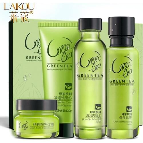 LaiKou 4PCS Hot Selling Face Moisturizer Gift Set Green Tea Extract Skin Care Moisturizing Soothing Face Toinc Lotion Cream