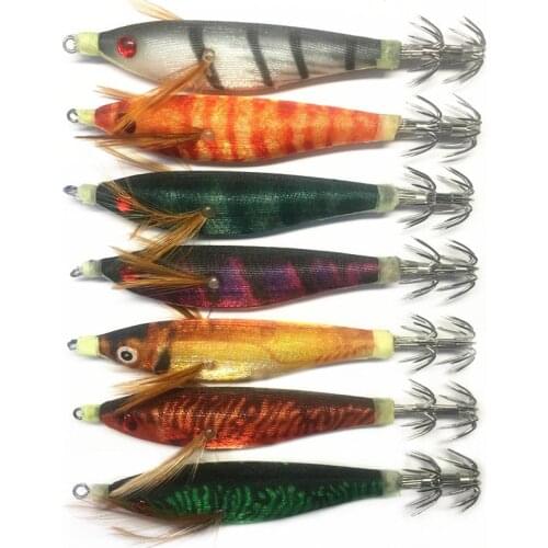 7Pcs Luminous Squid Bait Hard Artificial Sea Fishing Squid Jigs Wood Shrimp Lure Outdoor Fishing Tackle
