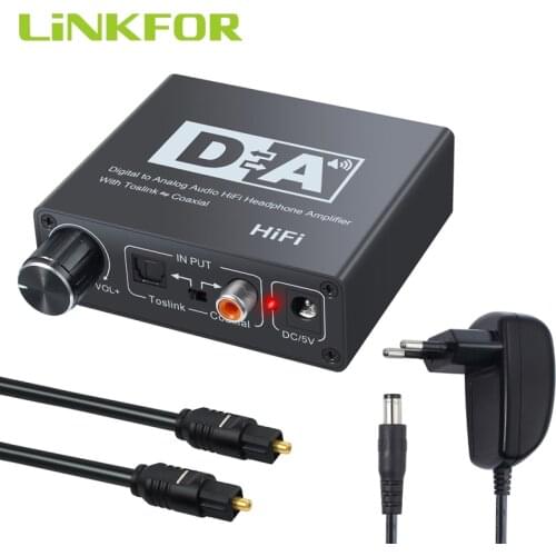 LiNKFOR 192K DAC Digital to Analog Aduio Converter With Volume Knob Coaxial Toslink to L/R RCA 3.5mm Audio Adapter Converter 5V