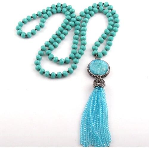 Free Shipping Bohemian Tribal Jewelry long Knotted Crystal Glass Bead & Druzy and Crystal Tassel Necklaces