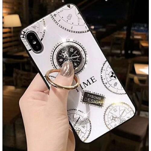 Glitter Clock Pattern Phone Case For Iphone 12 11 XS MAX XR X 8 7 6 Plus Luxury Glass Cover with 360 Degree Metal Ring Bracket