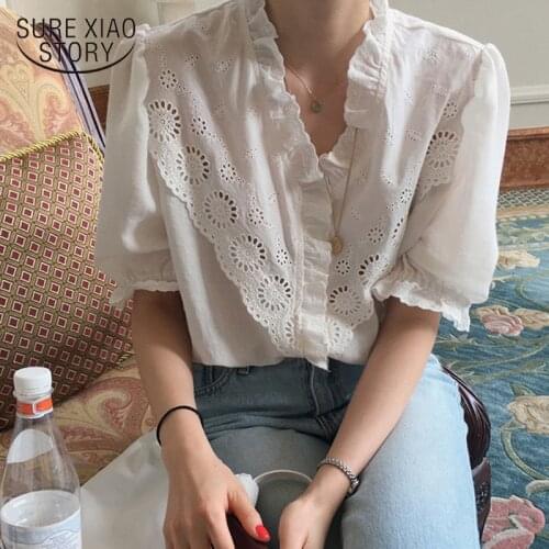 Cotton V-neck Hollow White Blouse Fashion Korean Summer Short Sleeves Ruffle Stitching Women Tops 2021 Casual Sweet Shirt 14273