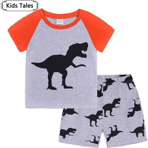 ST350 Kids Boys Dinosaur Pajamas Short Sleeve Sleepwear Clothes Set for Girls Cartoon Printed Clothing Suit for 2-7Y Children