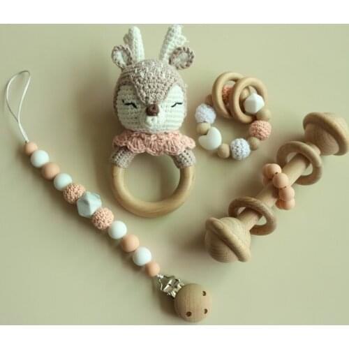 BPA Free Crochet Baby Teether Newborn Dummy Holder Pacifier Clips Teething Bracelets Cute Soother Chain Infants Rattle Teether