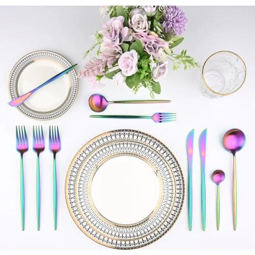 JANKNG Matte Rainbow Cutlery Set 18/10 Stainless Steel Dinnerware Set Cutlery Set Luxury Tableware Knife Fork Spoon Silverware