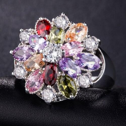 Fashion Colorful Rhinestone Flower Rings for Women Wedding Party Jewelry Accessories Luxury Silver Color Finger Ring Charm Gift