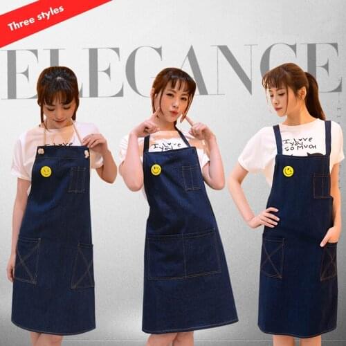 Hot Sale Woman Fashion Cotton Denim Apron Stylish Cafe Bar Painting Denim Antifouling Apron Uniforms