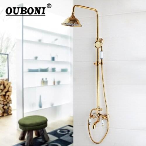 New Fashion Luxury Gold Brass Shower Faucet Set Single Ceramic Handle Tub Mixer Waterfall Hand Shower With Hand Spray