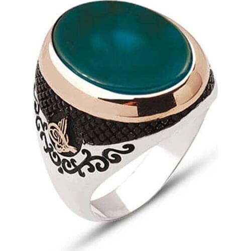 Silver Oval Cut Green Agate Stone Sides Tuğralı Male Ring