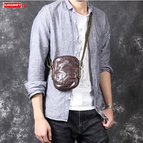 Mens Shoulder Messenger Bag Men Genuine Leather Crossbody Bag Mini Chest Bag Male Phone Bags Retro Casual First Layer Leather