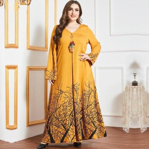 Muslim Oversized Size Yellow Printed Long Sleeve Tassel Casual Long Womens Long Skirt Dubai Robe Moroccan Woman Jellaba