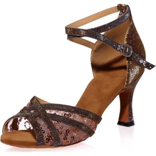 Sweet lady latin dance shoes glitter patch with lace girls ballroom professional Salsa tango party dancing sandals 7.5cm heels