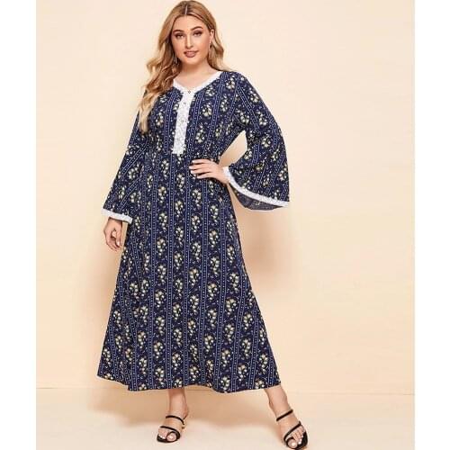 2020 Autumn Women Long Sleeve Dress Plus Size Woman V Neck Flare Sleeve Floral Print Retro Vintage Dress Maxi Long Dresses