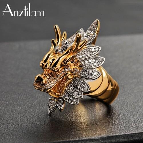 High Quality Luxury Gold Color Bling Dragon Rings AAA Zircon Stone Iced Out Rings For Women Jewelry Size #9-11