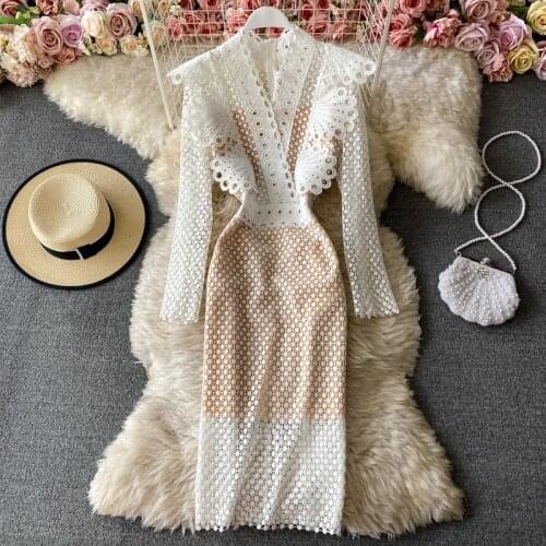 2021 Fashion Designer Spring Autumn Womens Dress Long Sleeve Lace Ruffles Elegant Party Slim Pencil Midi Bodycon Dresses
