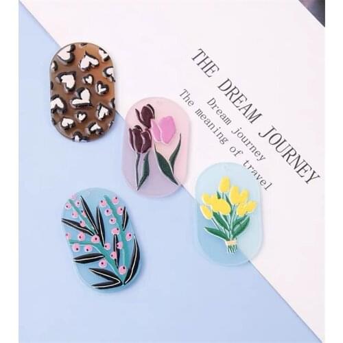 Spring style 30pcs/lot Relief effect cartoon flowers print geometry ovals shape acrylic beads diy jewelry earring accessory