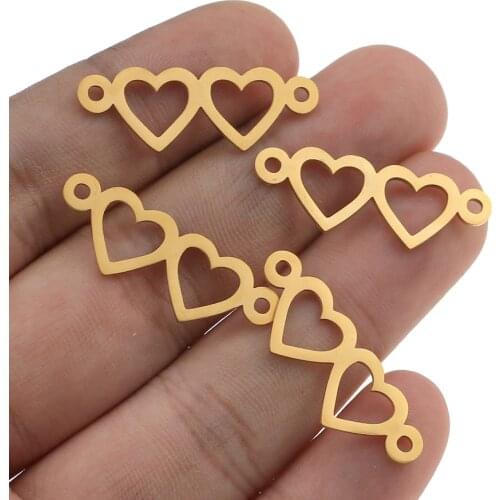 5pcs/lot Gold Stainless Steel Double Heart Charm Connector for Bracelet Necklace Hollow Pendants Diy Jewelry Making Supplies
