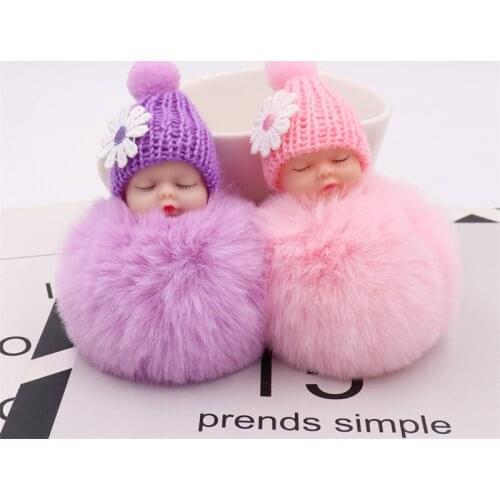 Sleeping Baby Doll Keychain Pompom Faux Rabbit Fur Ball Baby Toy Women Trinket Bag Charms 7479