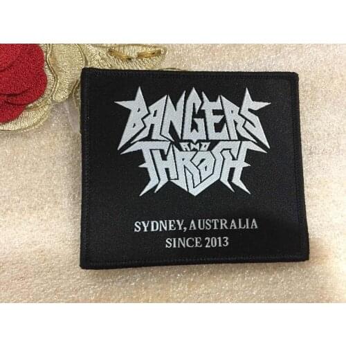 Customized woven patches Sew on Iron on badge hook and loop style patches "BANGERS AND THRASH" Custom Logo Personality patch