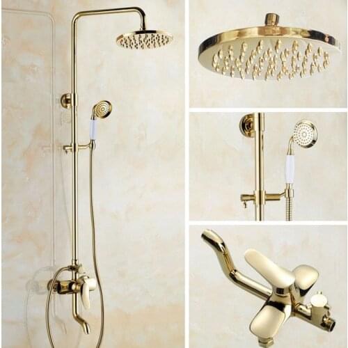 Gold Color Brass Wall Mounted Bathroom 8 Inch Round Rainfall Shower Faucet Set Bath Tub Mixer Tap Hand Shower mgf312