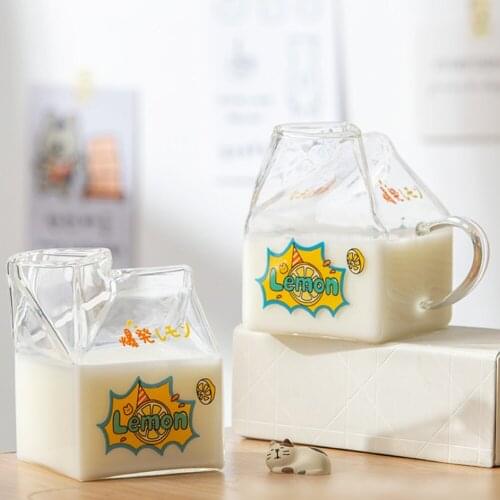 Kawaii Square Milk Carton Glass Cup Cute Cherry Creative Breakfast Cup For Home Portable Student Transparent Milk Cups microwave