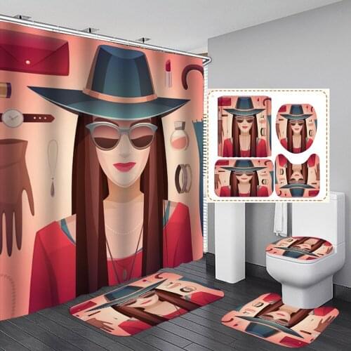 Fashion Beauty Girl Bathroom Shower Curtain with Hooks Non-Slip Rugs Toilet Lid Cover Bath Mat Washroom Rug Set Home Decor