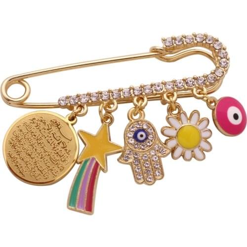 Muslim AYATUL KURSI hamsa hand of fatima Turkish evil eye brooch pink Baby Pin
