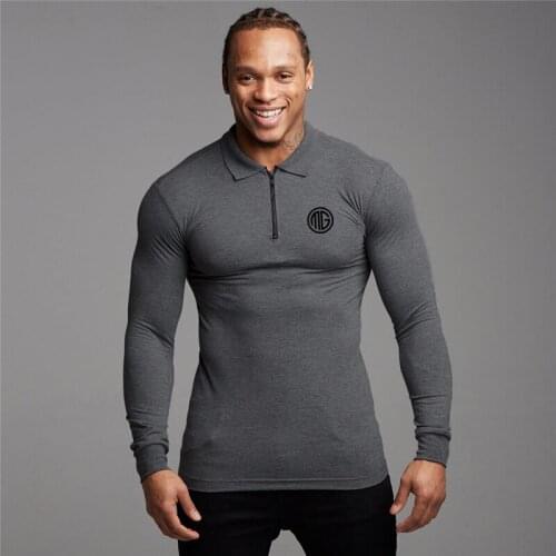 Muscle Guys Spring Fashion Long Sleeve Polo Shirts Men Gym Fitness Slim Fit Zipper Shirt Bodybuilding Stretch Cotton Poloshirt