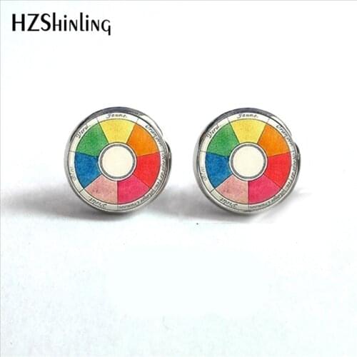 ED-005 New Arrival Artists Stud Earrings Handmade Glass Cabochon Color Wheel Earring Round Art Photo for Teachers Students HZ4