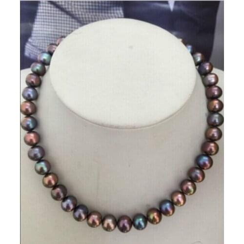 Charm Jew.675 stunning 10-11mm tahitian natural black green red multicolor pearl necklace 18"