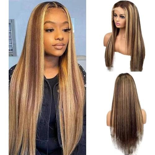 FGY High Gloss Wig Front Lace Wig Gradient Long Straight Hair 26" Wig Brown Honey Gold Lace Synthetic Female Natural Wig