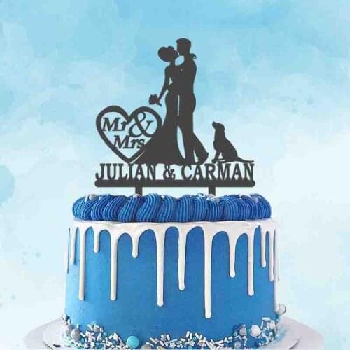Personalized Mr Mrs Name Groom Bride and Dog Silhouettes Acrylic Wedding Cake Topper For Wedding Cake Decoration Topper