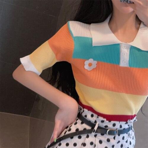 Lapel Embroidered Stripe Contrast T-shirt Womens Tshirts Japan Kawaii Ulzzang Female Sweet Lovely Harajuku Tshirt For Women