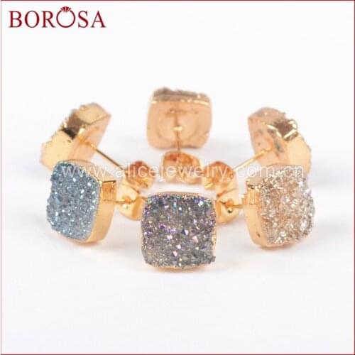 BOROSA 5 Pairs Druzy Earrings Gold Color Square Natural Stone Titanium Druzy Stud Earrings Gems for Women G0914