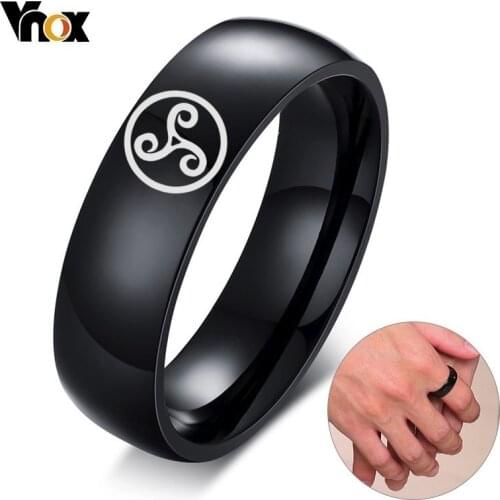 Vnox Free Engraving Triskele Spiral Symbol Ring Personalized Wedding Bands for Men Women Black Stainless Steel Class Rings
