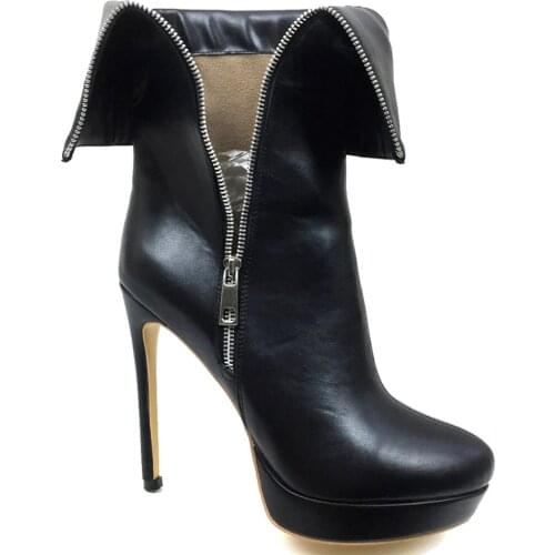 Womens Round Toe High Heels Ankle Boots Platform Outside Zipper Booties Clubwear Party Autumn Winter Shoes Black