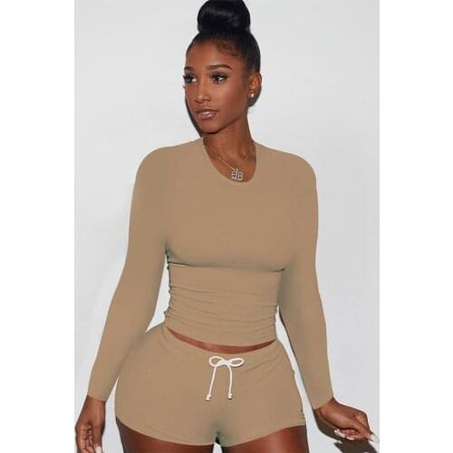 Womens Tracksuit Autumn Clothing 2021 Long Sleeve Bandage T-shirts and Drawstring Biker Short Casual Active Wear 2 Piece Suit