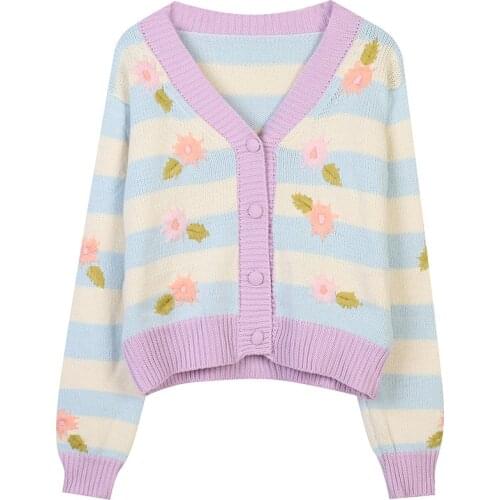 2021 Autumn Winter Sexy V-Neck Sweater Cardigans Women Long Sleeve Knit Tops Flower Striped Sweet Casual Streetwear Korean Style