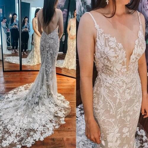 Sexy Mermaid Cathedral Train Wedding Dresses 2021 V-neck Lace Applique Floral Backless Spaghetti Princess Bride Wedding Gown