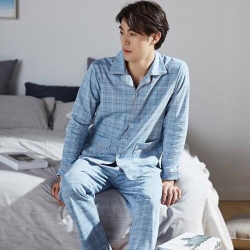 Winter Mans 100% Cotton Pajamas 2 Pieces Lounge Sleepwear Bedgown for Men Plaid Nightgown Home Clothes PJ Pure Cotton Pajamas