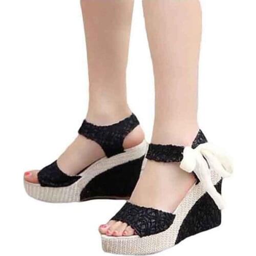 Summer 2020 Flowers Print Women Wedges Sandals Sweet Ribbons Bow Platform Wedges Shoes Casual Lace Up Open Toe Lady High Heels