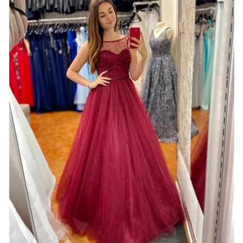 2020 High Quality Red Wine Evening Dresses sheer illusion crew neck A-line Prom Dresses Tulle with Pearls Formal Gowns Women