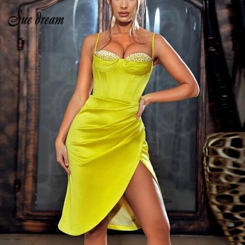 2021 New Arrival Yellow White Spaghetti Bodycon Dress Women Summer Sexy Split Club Celebrity Party Dresses Vestido