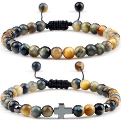 6MM Color Tiger Braided Bracelet Women Natural Stone Beads Hematite Cross Prayer Bangles Yoga Healing Jewelry Gift for Friend