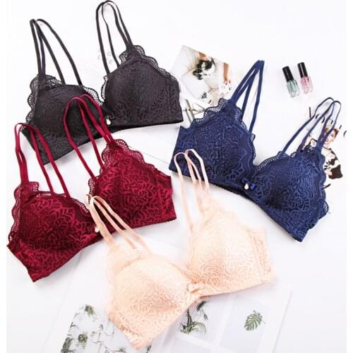 DERUILADY Women Underwear Lace Floral Wireless Bra Sexy Lingerie Cross Backless Push Up Bra Adjusted Breathable Bralette