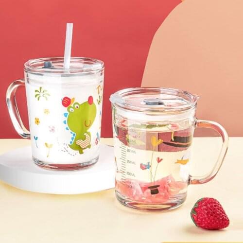 2 Pieces Children Baby Breakfast Glasses with Straw Cartoon Pattern Cute Cups Creative Drinkware