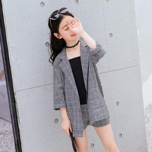 Kids Girls Blazer 3PCS Set Jacket + Vest + Shorts Tuxedos Suit for Kids Suit Children Girls Blazer For Wedding Party Pink Grey
