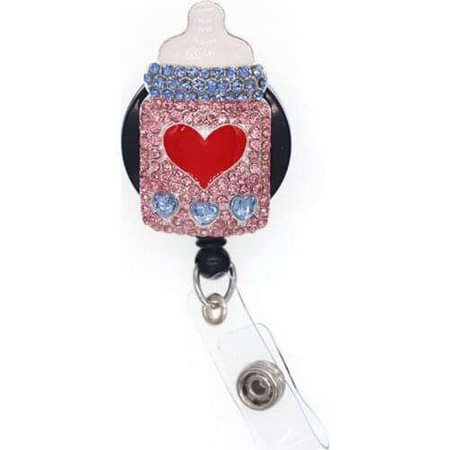Hot selling Rhinestone cute nurse design nursing/milk bottle Retractable ID Badge Holder reel for gift/party