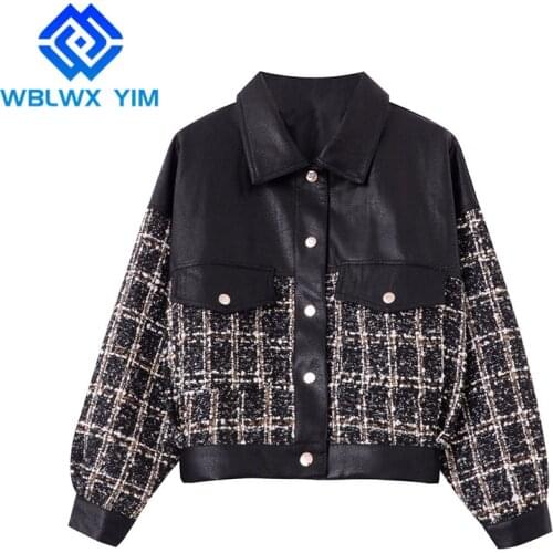 PU Leather Jacket Women Single Breasted Short Biker Coat Big Pocket Fashion Spliced Leather Jackets Loose Bomber Jacket Female